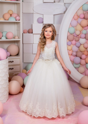 Ivory Lace Tulle Keyhole Corset Back Wedding Flower Girl Dress